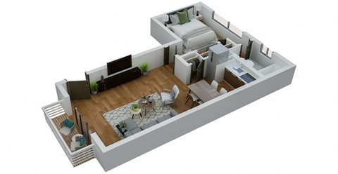 a 3d rendering of a bedroom and a living room